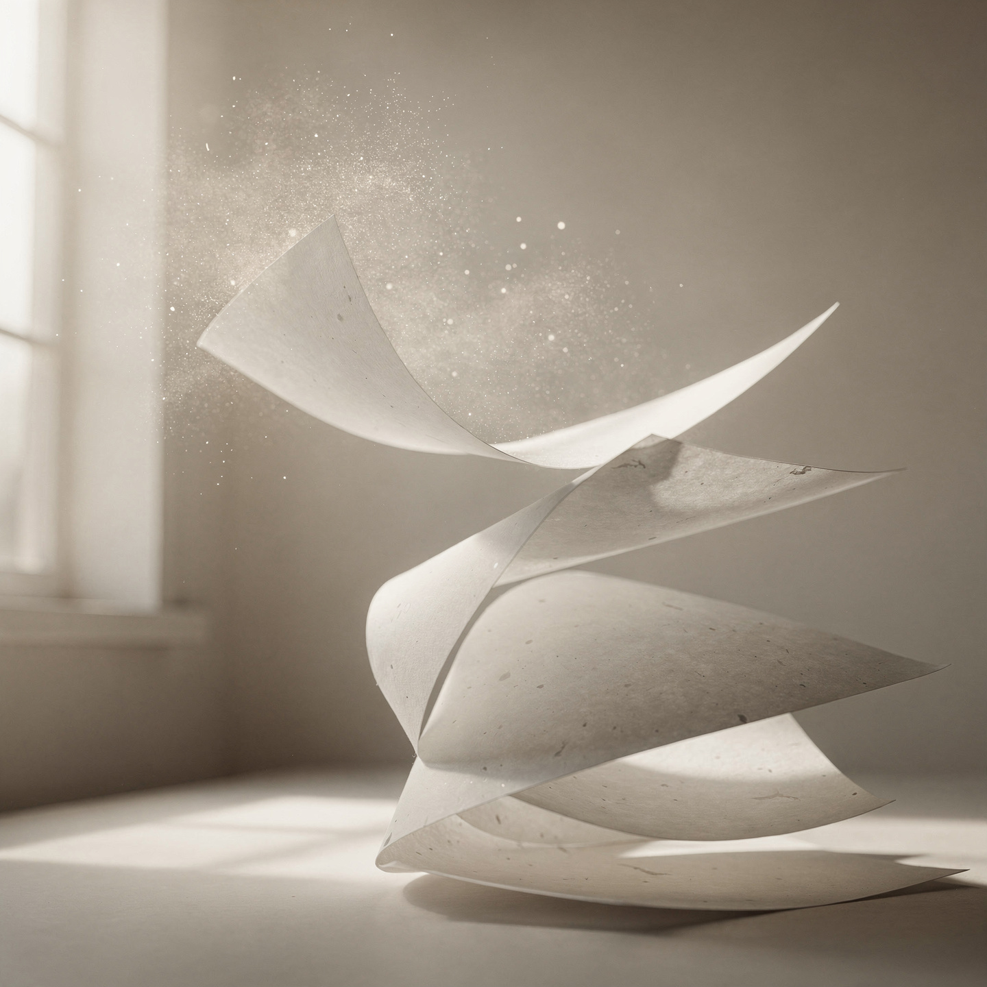 Feuilles blanches en suspension dans une lumiere douce